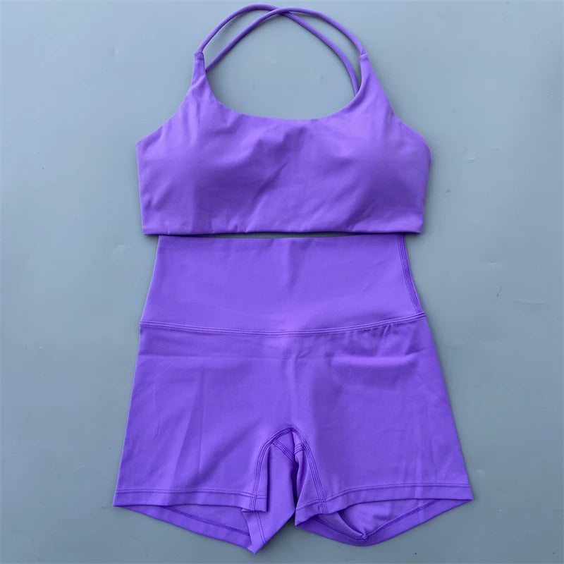 Yoga Shorts Set Gym Two Piece Sports Set Women Workout Outfit Fitness Suit Cross Straps Bra High Waist Shorts Running Tracksuit