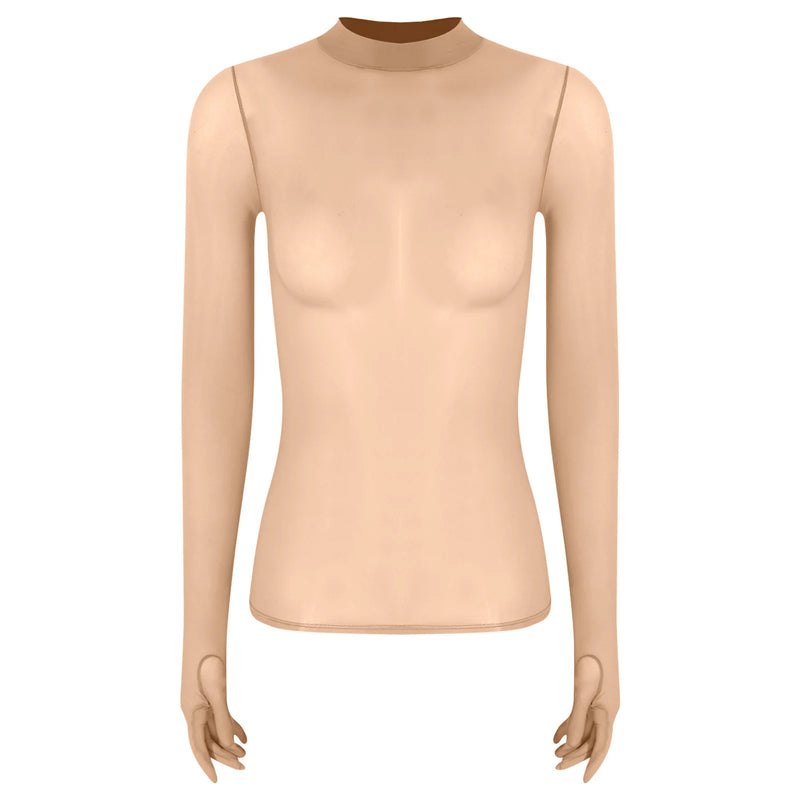 Adult Women Sheer Mesh Ultra Thin Crop Top Long Sleeve Mock Neck Translucent Gloved Tops for Base Shirt Lingerie Role Play Tops