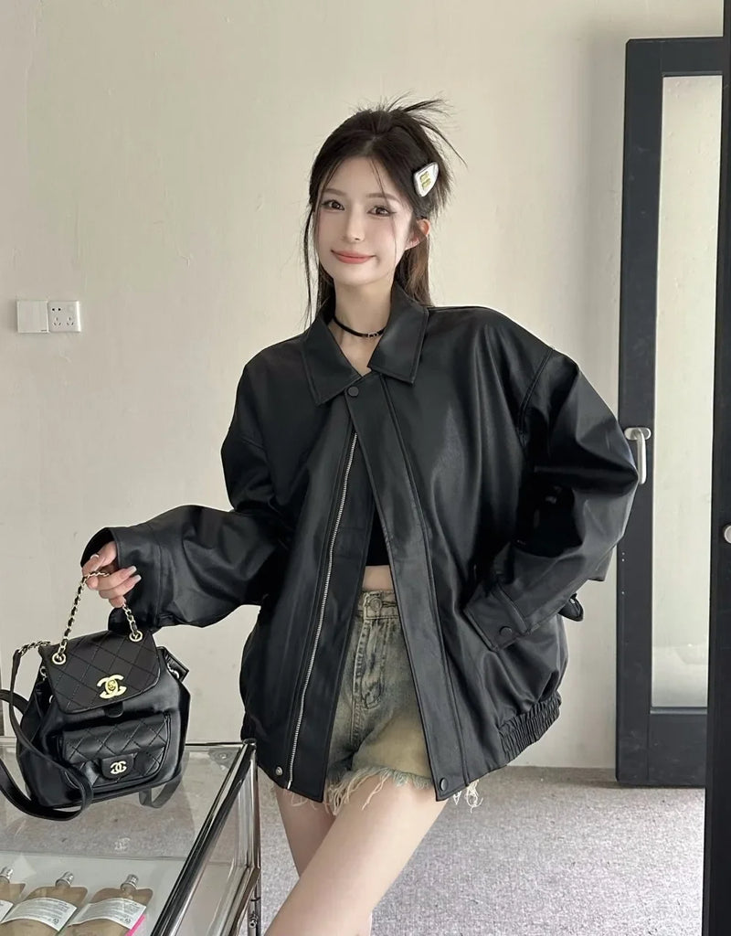 American Retro Solid Pu Jackets Women Autumn Sweet Cool Tops PU Baggy Cozy Turn-down Collar Zipper Fashion Stylish Temperament