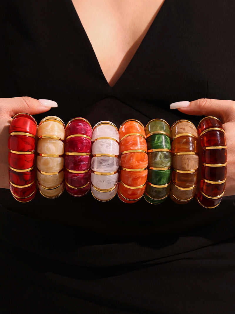 Chunky Ethnic Women Bracelets For Women No Fade Resin Stainless Steel Elastic Rope Handcraft Bangle Luxury Jewelry