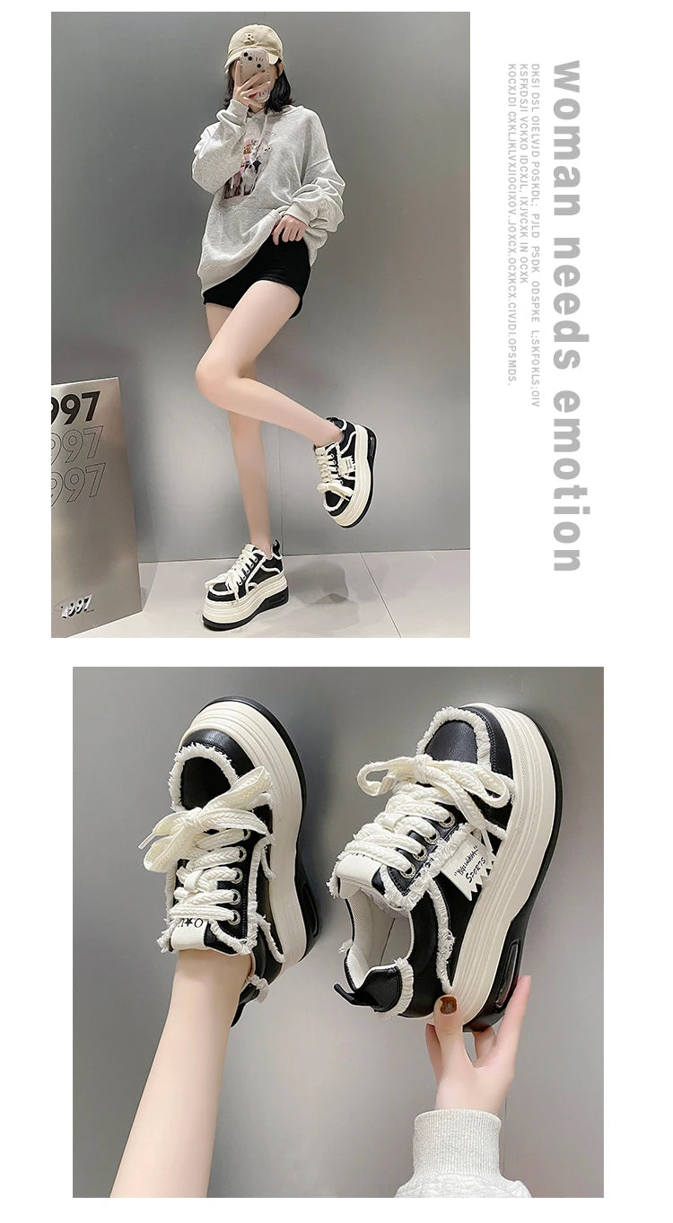 Fashion Chunky Sneakers Women Autumn Lace Up Platform Sports Shoes 8CM Thick Bottom High Heels Female Leather Sneakers Woman