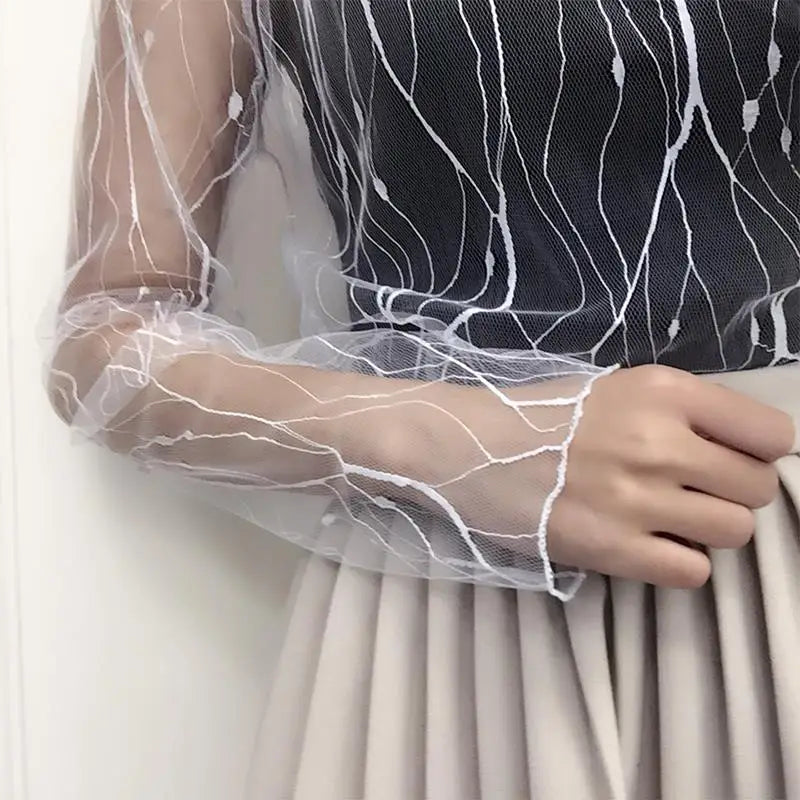 Lace Sheer Women‘s T-Shirt Fashion Mesh Summer Thin Bottom Shirt Transparent Long Sleeve Blouses Ladies Tops High Neck Tee Soli