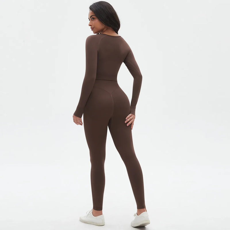 Seamless Two Piece Sets Womens Outifits Long Sleeve Gym Fitess Sport Set Yoga Leggings Matching Sets Exercise Tracksuits Female