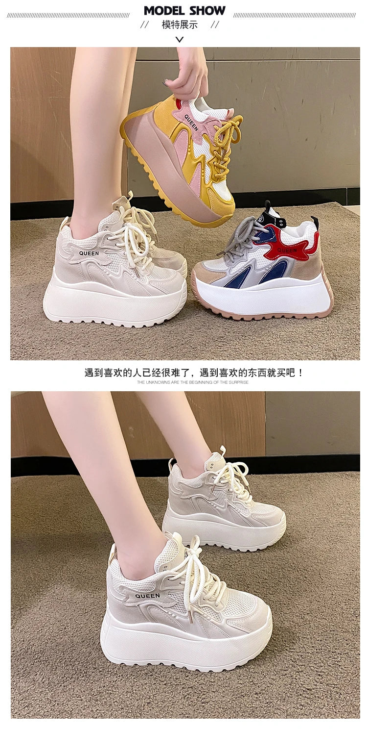 Women Chunky Sneakers 2025 Autumn Breathable Mesh Casual Shoes 11CM Wedge Heels Platform Shoes Chaussures Femme Sports Dad Shoes