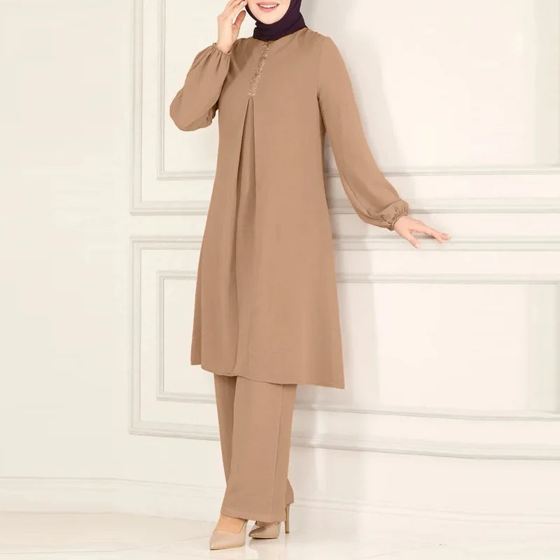 Casual Muslim Dress for Women Blouse 2 Piece Set Long Sleeve Shirt Wide Leg Pant Suits Saudi Arabic Dubai Dresses Autumn 2023