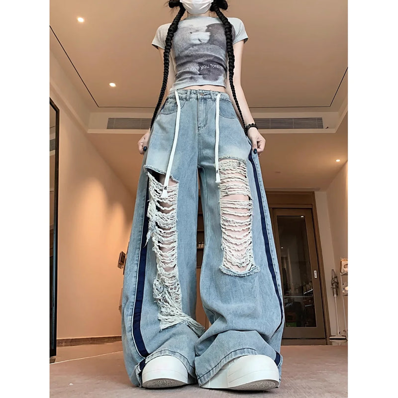 American ripped jeans with loose design, retro spicy girl blue lazy straight leg pants