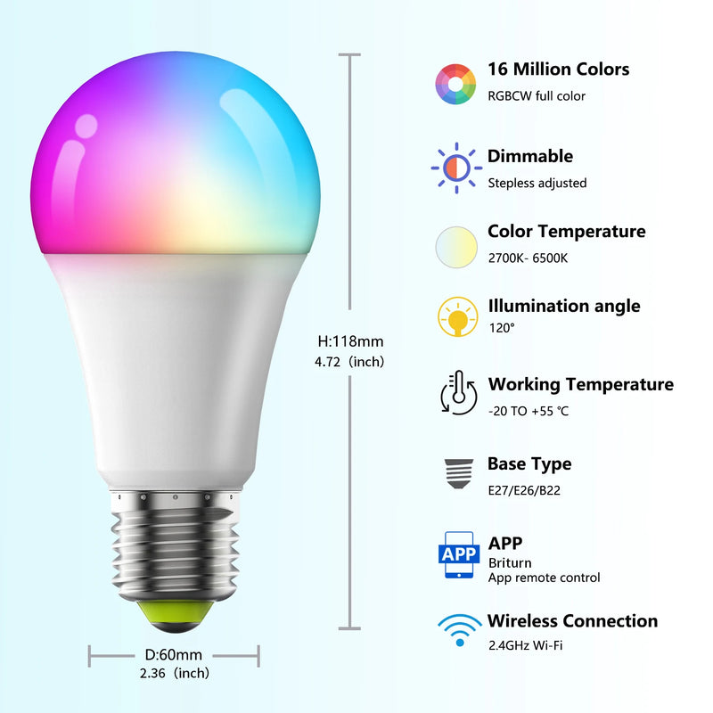 LED Smart Bulb E27 100-240V Color Changing LED Bulb with Music Synchronization WiFi and BLE 5.0 Dimmable RGB Smart Home Lighting