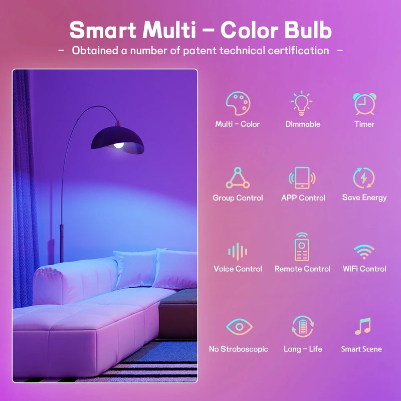 LED Smart Bulb E27 100-240V Color Changing LED Bulb with Music Synchronization WiFi and BLE 5.0 Dimmable RGB Smart Home Lighting