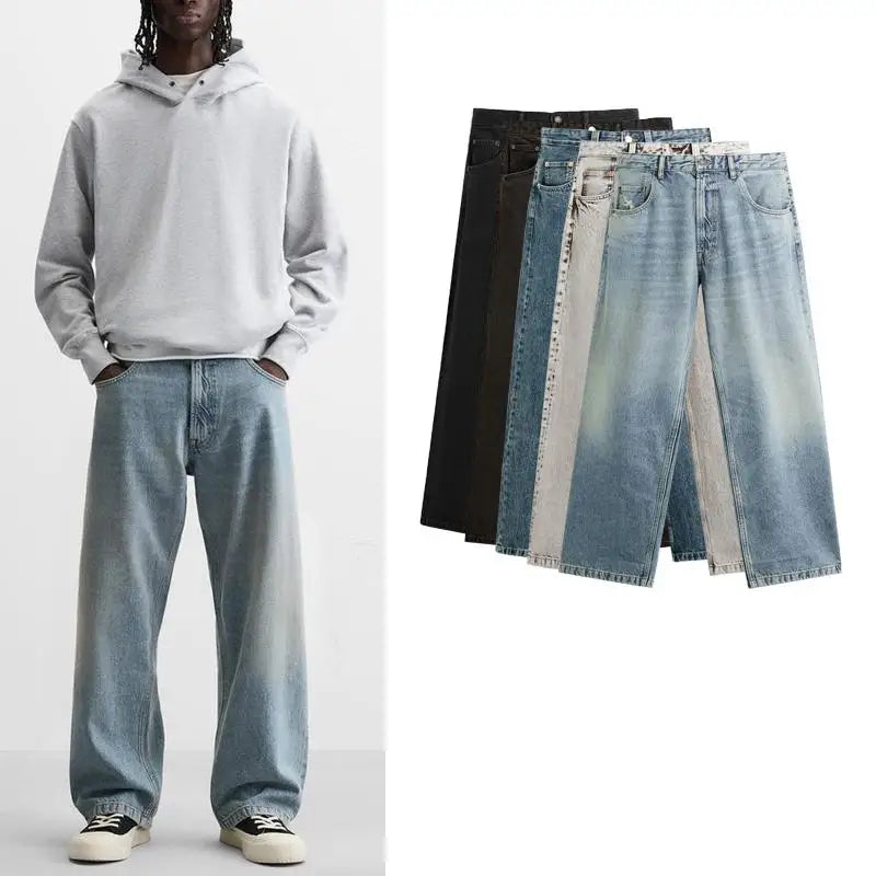 Men’s Retro Cotton Denim Jeans – Loose Fit Straight-Leg Casual Trousers, Comfortable and Wear-Resistant for Autumn & Winter