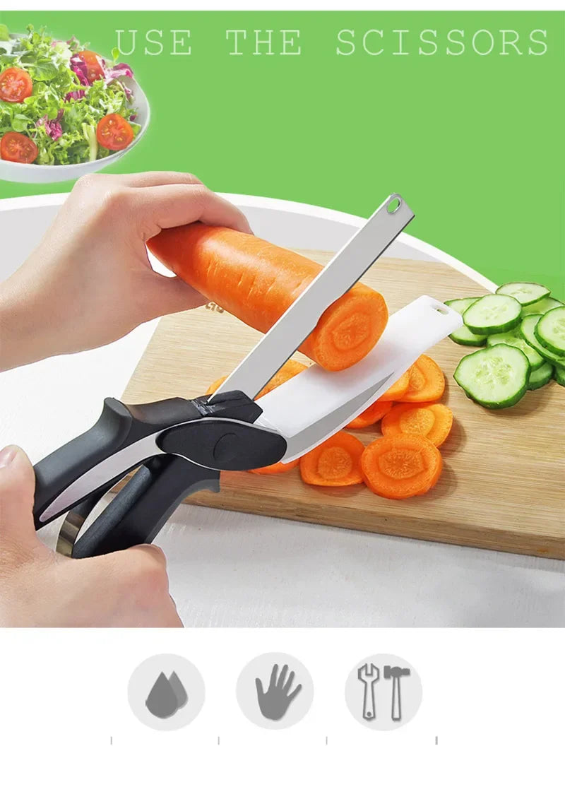 Stainless Steel Kitchen Scissors 2 In 1 Cutting Board Chopper Fruit Vegetable Multifunctional