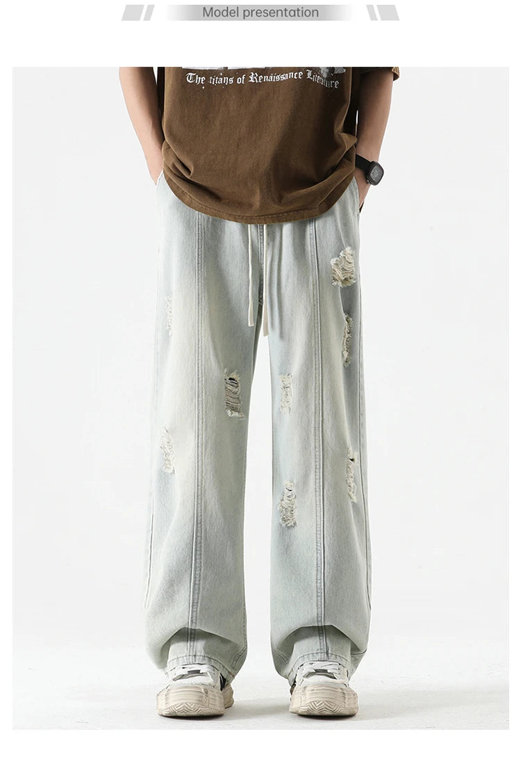 Men’s Summer Loose Ripped Jeans – Retro Straight-Leg Denim Pants with Drawstring Waist, Casual Streetwear Style