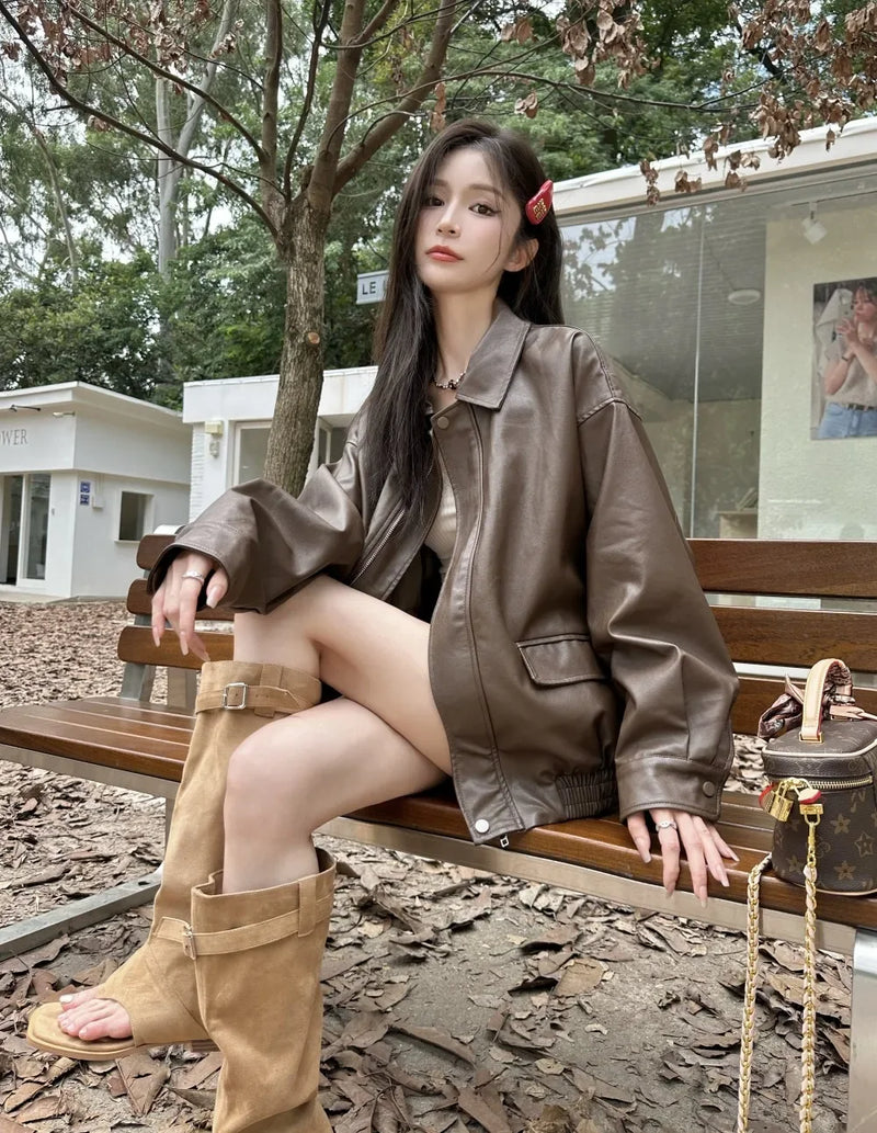 American Retro Solid Pu Jackets Women Autumn Sweet Cool Tops PU Baggy Cozy Turn-down Collar Zipper Fashion Stylish Temperament