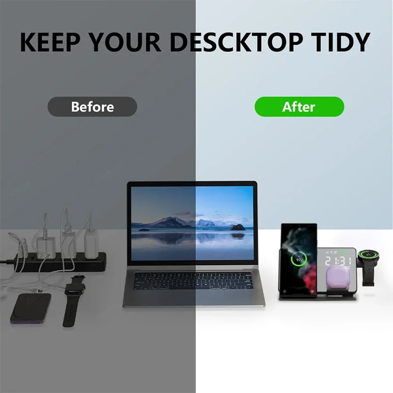 3 in 1 Wireless Charger For Samsung Galaxy Watch 6 5 Pro Fast Charging Station For Galaxy S24 S23 S22 Alarm Clock Chargers Stand