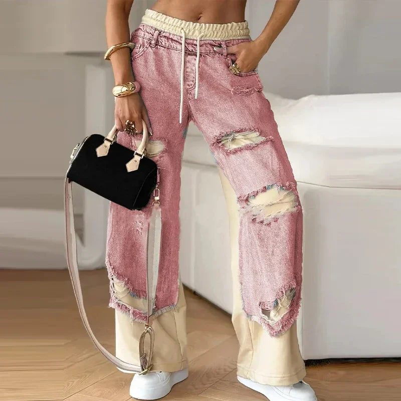 Retro denim ripped spliced jeans women&