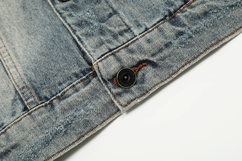 European American High Street Trend Kanye West Denim Jacket Heavyweight Washed Do Old Pleated Ripped Denim Outerwear