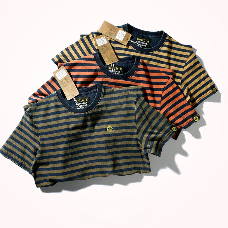 Men’s Striped Cotton T-Shirt – Slim Fit Vintage Washed Short Sleeve Tee | Tatiana Haven