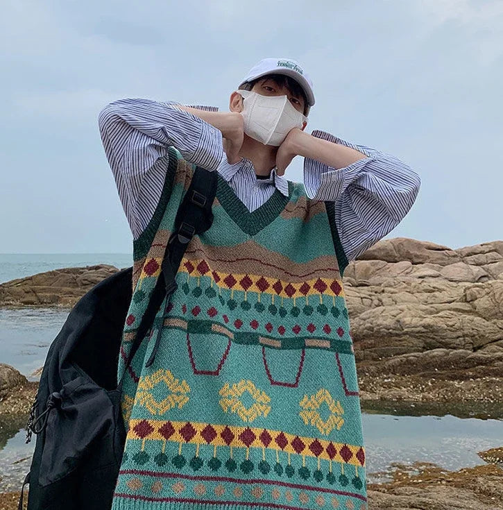 Tatiana Haven Men’s Printed Knit Sweater Vest – V-Neck Casual Korean-Style Fashion Waistcoat for Autumn & Winter