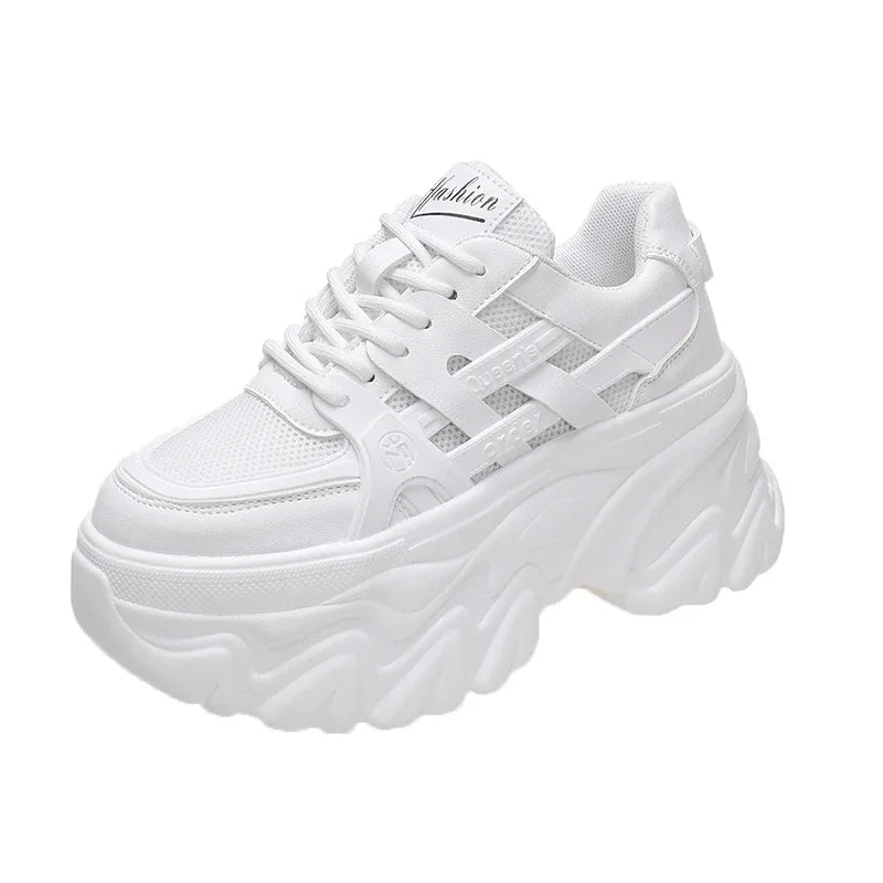 White Chunky Sneakers Women New 2025 Autumn Hidden Heel Platform Sports Dad Shoes Woman Lace Up Breathable Mesh Casual Shoes 8CM