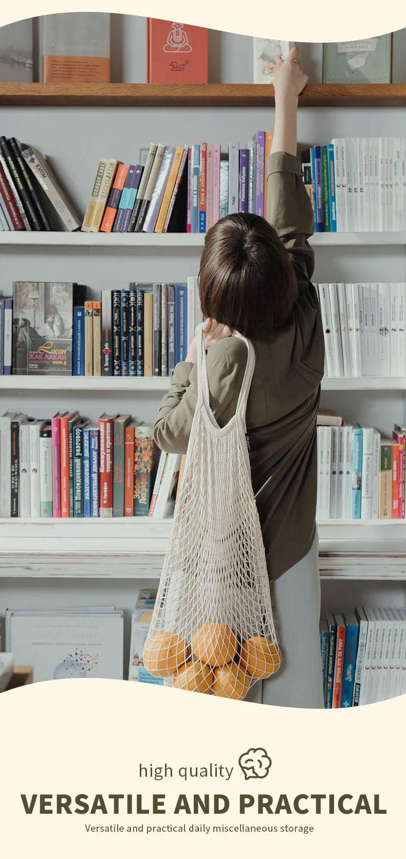 Bremium Reusable Mesh Shopping Bag Cotton Grocery Bags Portable Washable Durable Long Handle Tote Bags Reusable Produce Bags