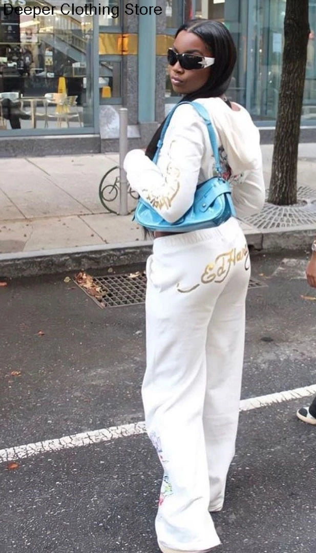 Y2k Zipper Tracksuit Women Black Print Hoodie Sweatpant Winter Blue Bodycon 2 Two Piece Outfits Pants Matching Sets Sweatshirt