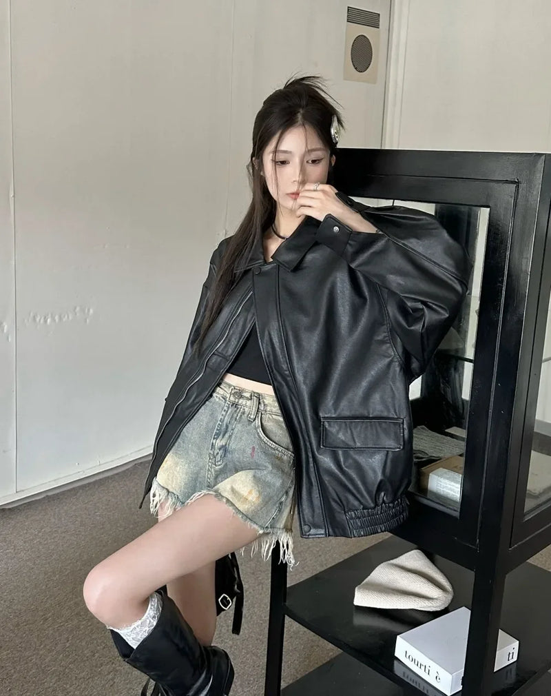 American Retro Solid Pu Jackets Women Autumn Sweet Cool Tops PU Baggy Cozy Turn-down Collar Zipper Fashion Stylish Temperament