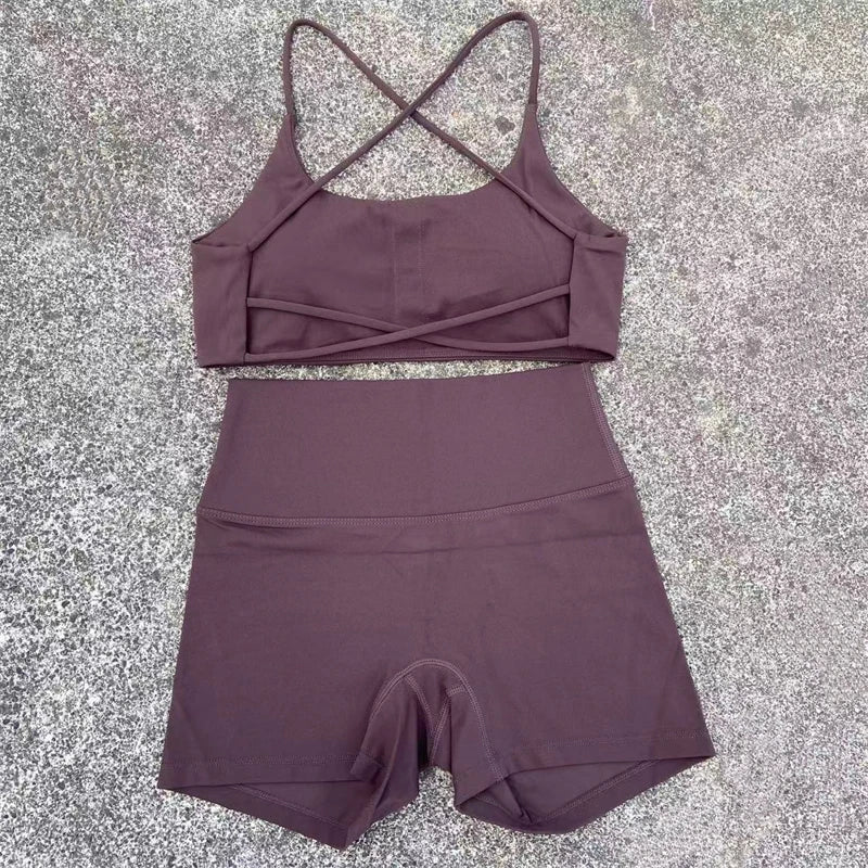 Yoga Shorts Set Gym Two Piece Sports Set Women Workout Outfit Fitness Suit Cross Straps Bra High Waist Shorts Running Tracksuit