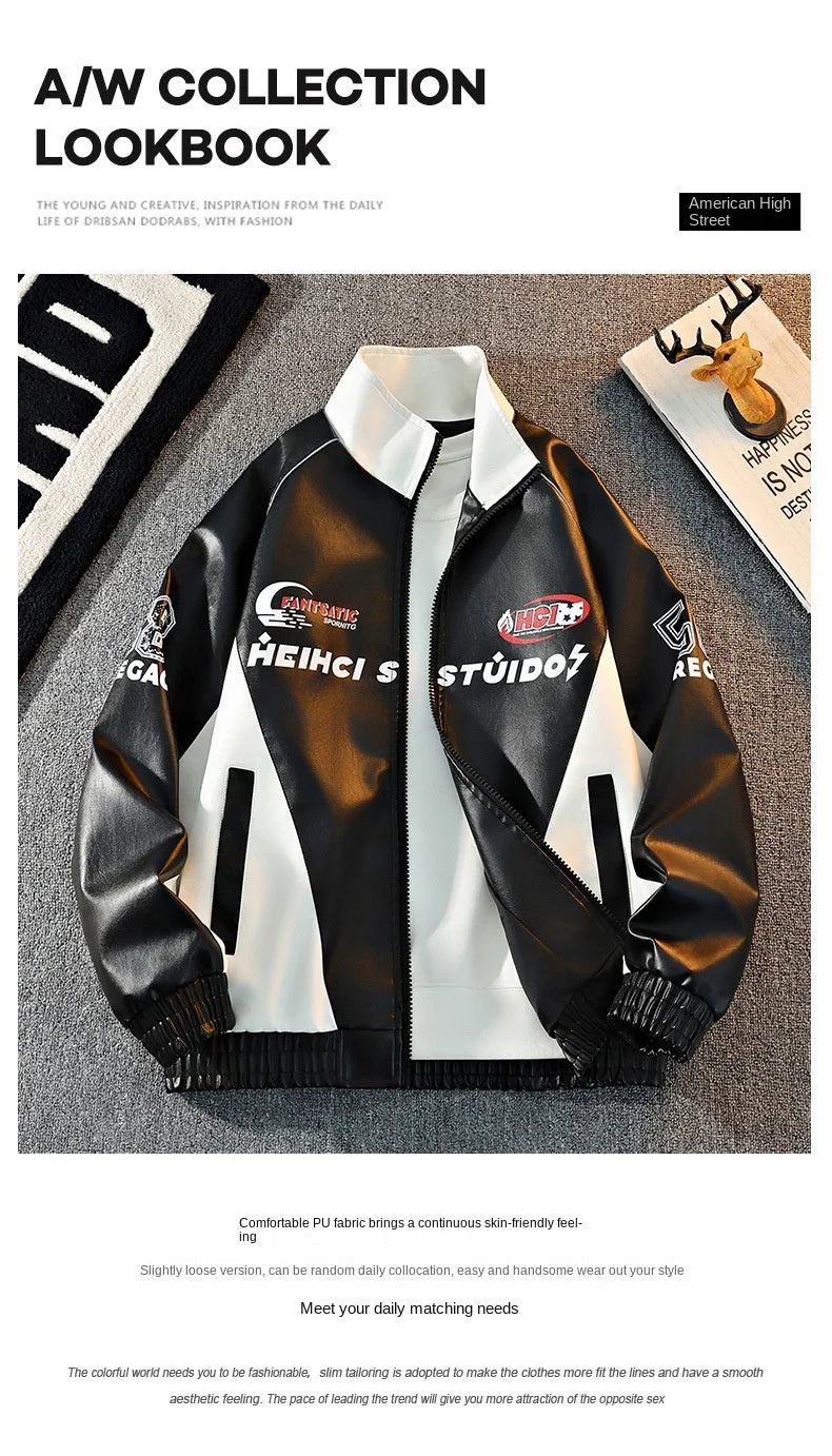 Mens Leather Moto Jacket  Stand Collar Edgy Racing Style Utility Work Coat  Unisex Hong Kong Trend Ins Fashion for Spring Autumn