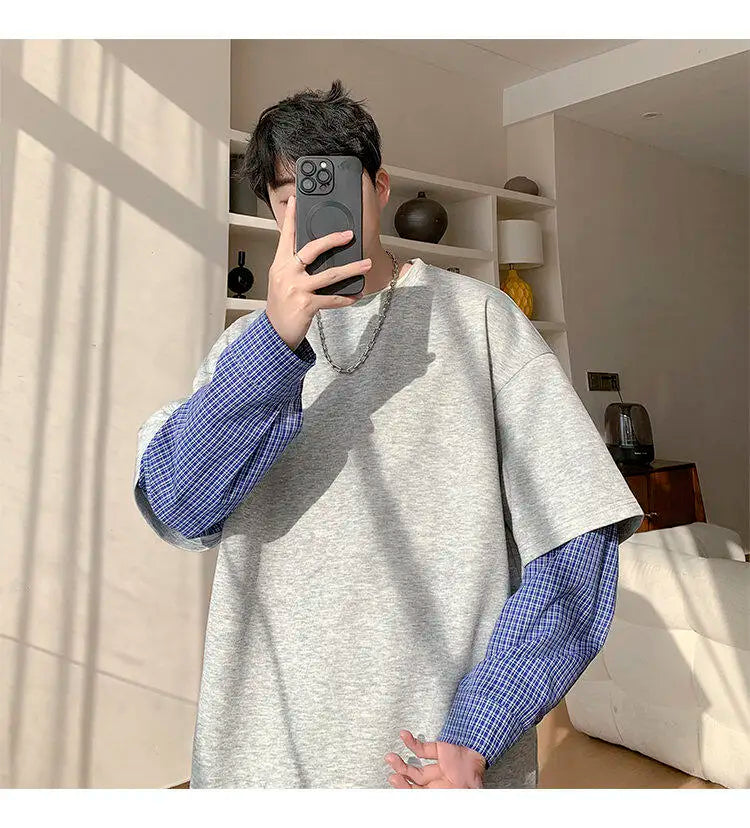 Fashion Oversized Solid Color Fake Two-Piece Hoodie with Checkered Sleeves Trendy Plus Size Pullover for Men and Women Autumn
