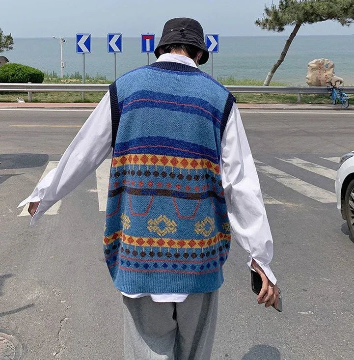 Tatiana Haven Men’s Printed Knit Sweater Vest – V-Neck Casual Korean-Style Fashion Waistcoat for Autumn & Winter
