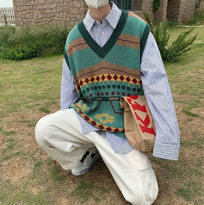 Tatiana Haven Men’s Printed Knit Sweater Vest – V-Neck Casual Korean-Style Fashion Waistcoat for Autumn & Winter