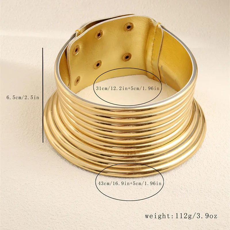 Fashion Golden Color Pu Leather Chunky Necklace Wide Bracelet Sets Punk Style Ethnic Style Jewelry Set For Women Party Accessory