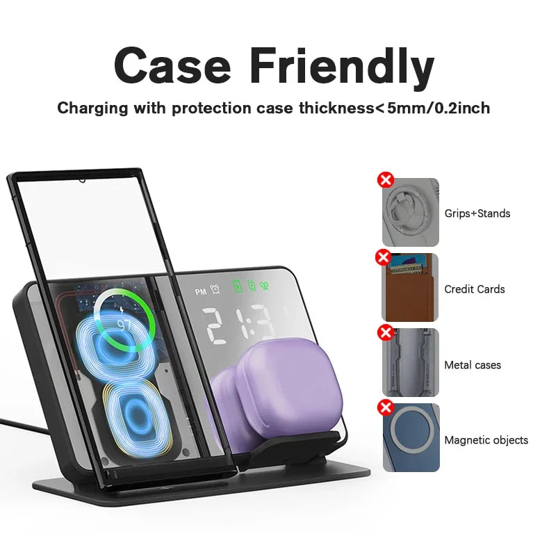 3 in 1 Wireless Charger For Samsung Galaxy Watch 6 5 Pro Fast Charging Station For Galaxy S24 S23 S22 Alarm Clock Chargers Stand