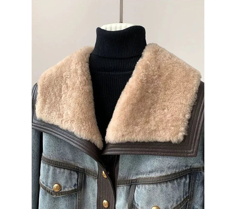 High Quality Denim Women’s Winter Jackets With Natural Sheep Leather with Fur Collar White Goose Down Liningm