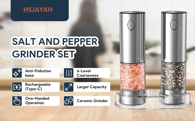 Electric Salt and Pepper Grinder Set – USB Rechargeable Adjustable Coarseness Mills with LED Light