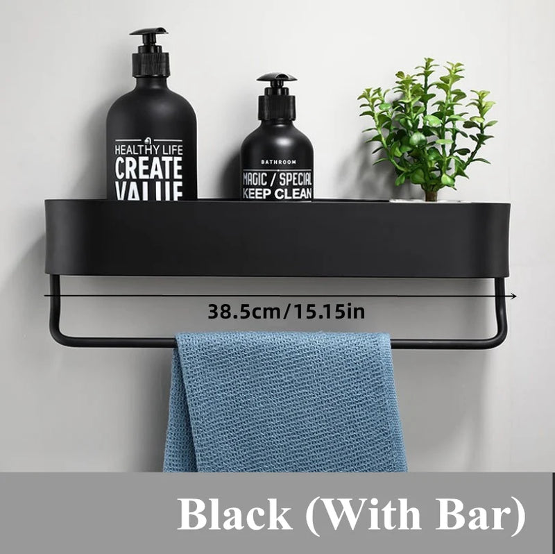 Black Bathroom Shelf Shower Basket Kitchen Storage Rack With Towel Bar Cosmetics Wall Shelves Bathroom Accessories