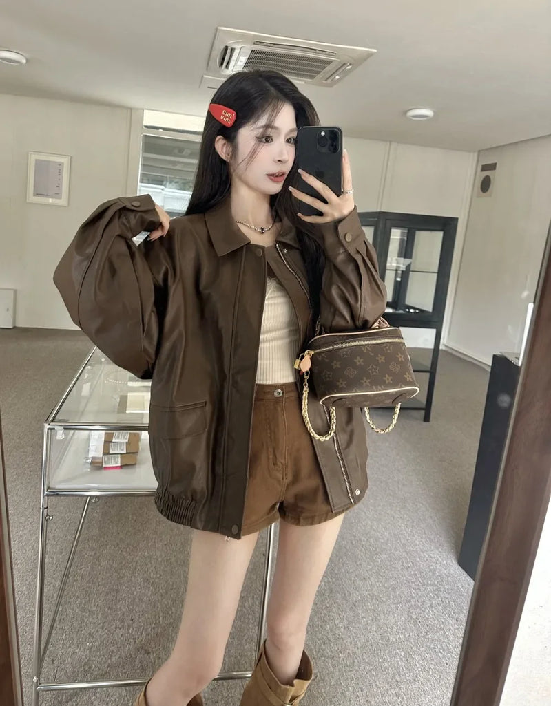American Retro Solid Pu Jackets Women Autumn Sweet Cool Tops PU Baggy Cozy Turn-down Collar Zipper Fashion Stylish Temperament