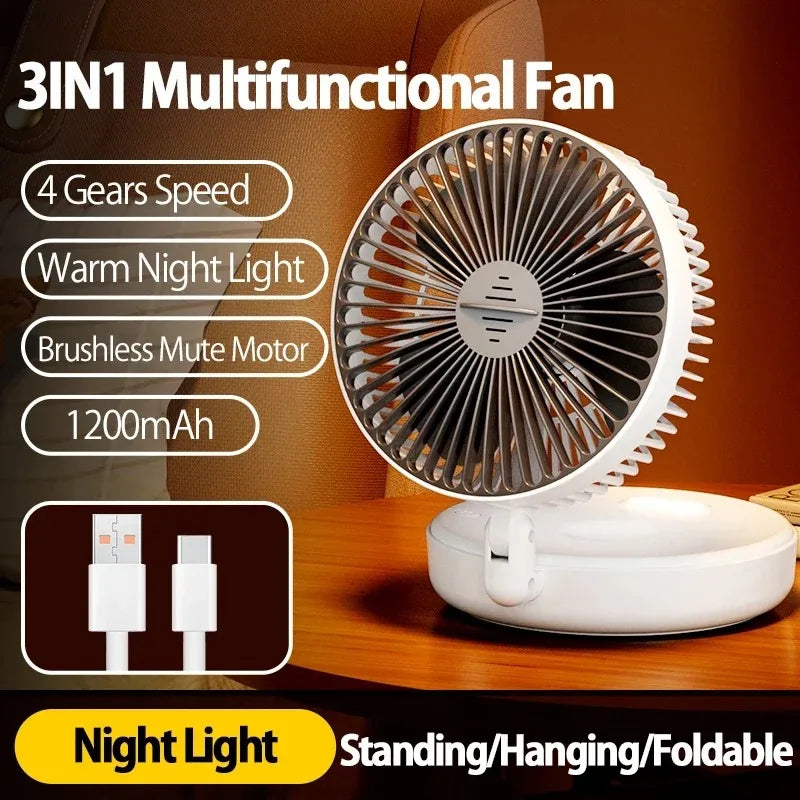 Foldable Desktop Fan Mini  Wall-Mounted Fan With Warm Night Light Rechargeable 4 Gears Adjustable Portable Air Circulation Fan