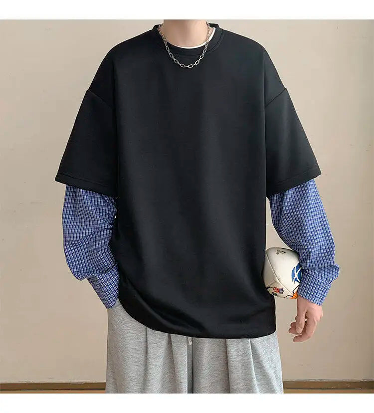 Fashion Oversized Solid Color Fake Two-Piece Hoodie with Checkered Sleeves Trendy Plus Size Pullover for Men and Women Autumn