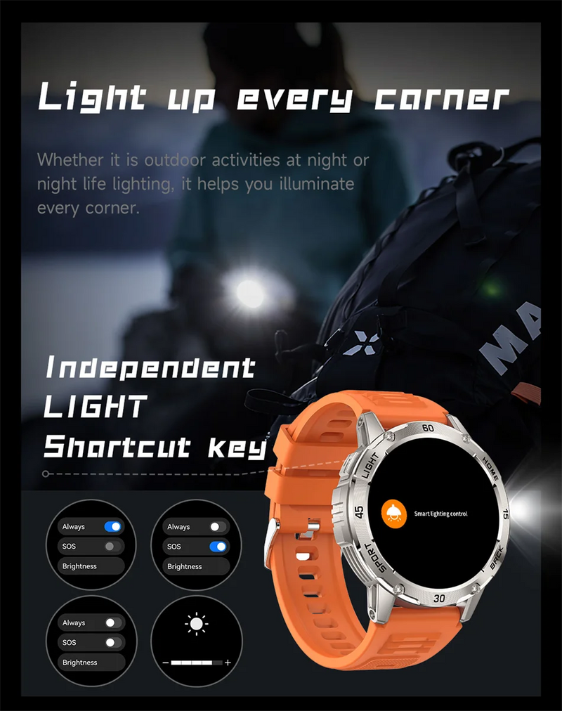 5ATM LED Flashlight Smart Watch Men 100+ Sports Modes Health Monitor Man Watches Bluetooth Call Men Smartwatches For Android ios