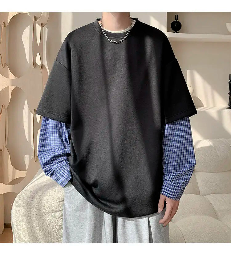 Fashion Oversized Solid Color Fake Two-Piece Hoodie with Checkered Sleeves Trendy Plus Size Pullover for Men and Women Autumn