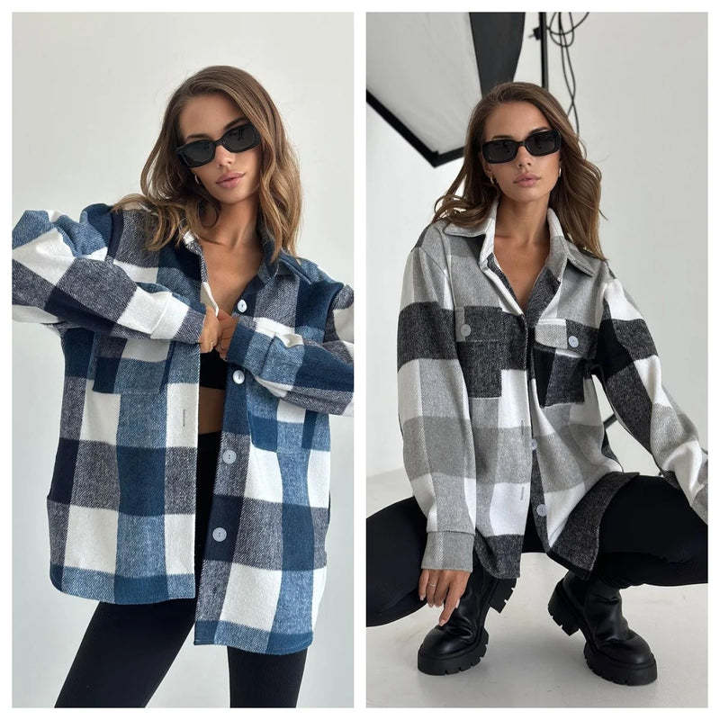 Women’s Flannel Plaid Shirt Jacket – Long Sleeve Lapel Button-Down Shacket for Autumn