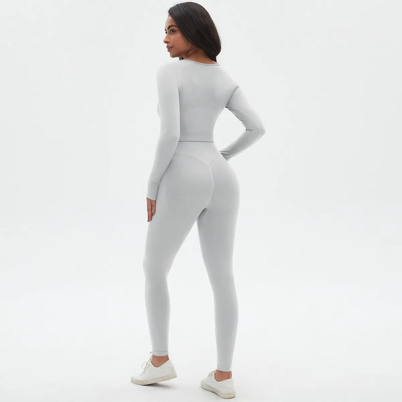 Seamless Two Piece Sets Womens Outifits Long Sleeve Gym Fitess Sport Set Yoga Leggings Matching Sets Exercise Tracksuits Female