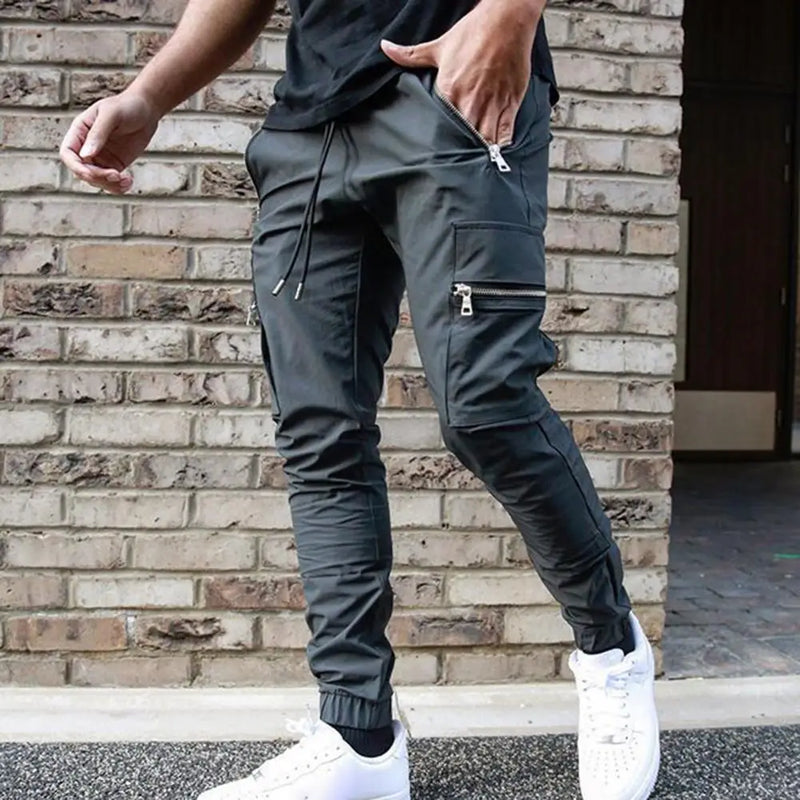 Mens Cargo Pants Zipper Pockets Jogger Running Hip Hop Streetwear Slim Sport Trousers Male Training Workout Fitness Sweatpants