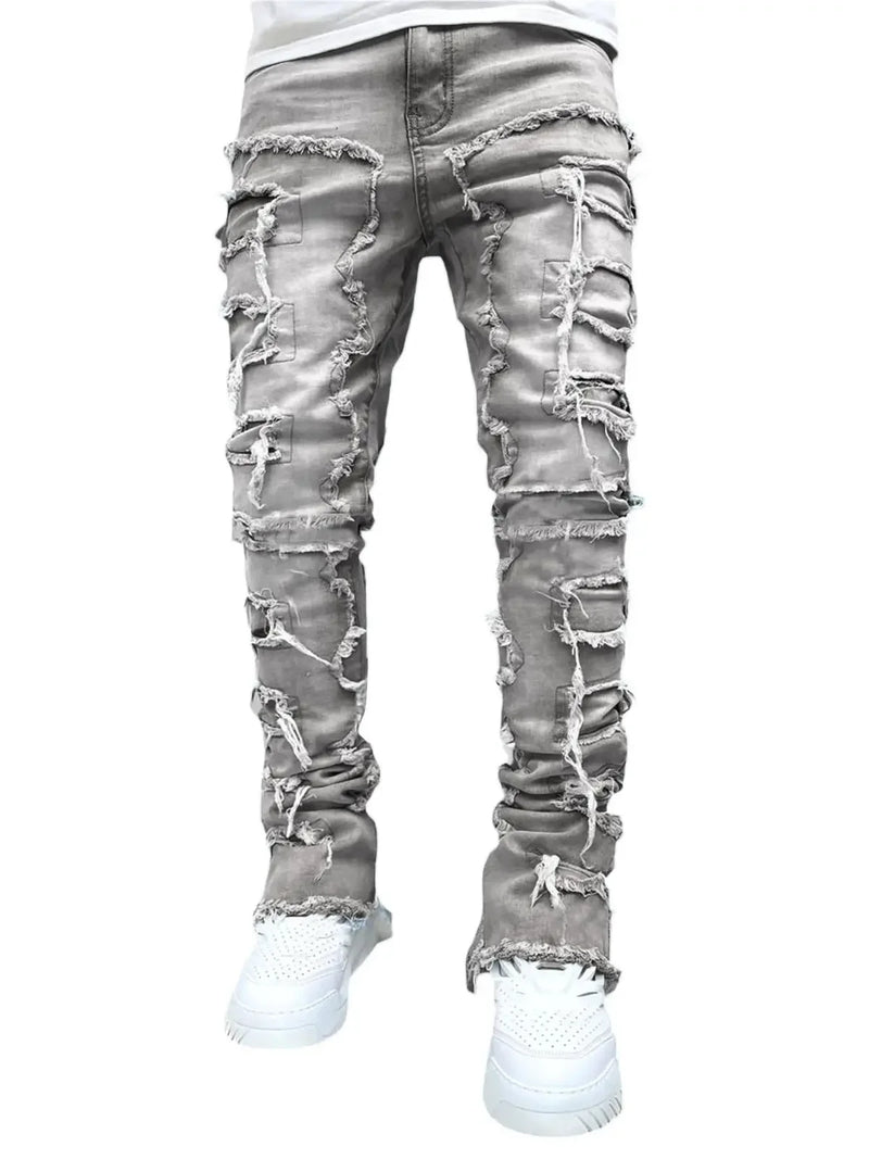 Men’s Stacked Ripped Jeans – Slim Fit Distressed Straight Denim Pants, Hip Hop Streetwear Style