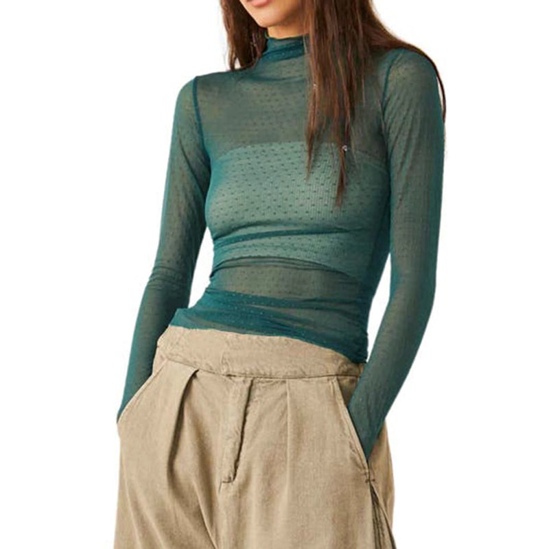 Women Sheer Mesh T-Shirts Mock Neck Long Sleeve Crop Tops Retro See Through Shirt Fairycore Grunge Tees