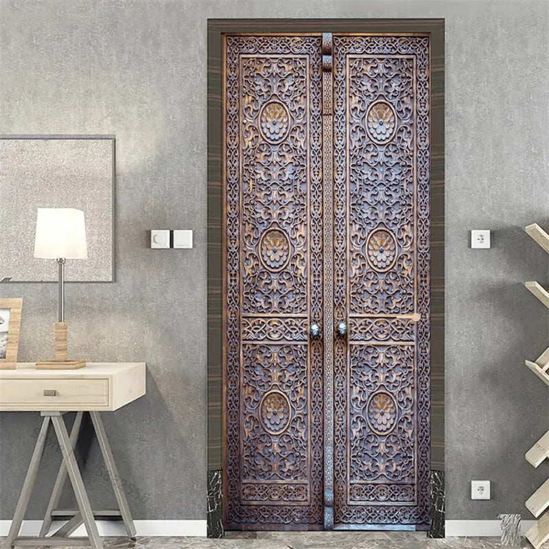 Wooden Door Mural Decal Sticker Peel and Stick Removable Self-Adhesive Brown Wood Grain Red Brick Door Wallpaper for Home Decor