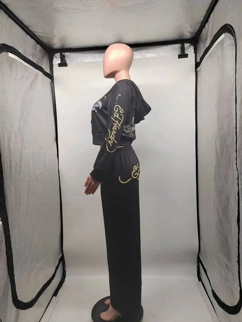 Y2k Zipper Tracksuit Women Black Print Hoodie Sweatpant Winter Blue Bodycon 2 Two Piece Outfits Pants Matching Sets Sweatshirt