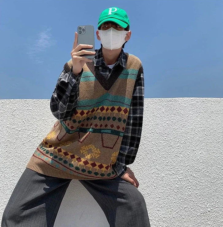 Tatiana Haven Men’s Printed Knit Sweater Vest – V-Neck Casual Korean-Style Fashion Waistcoat for Autumn & Winter