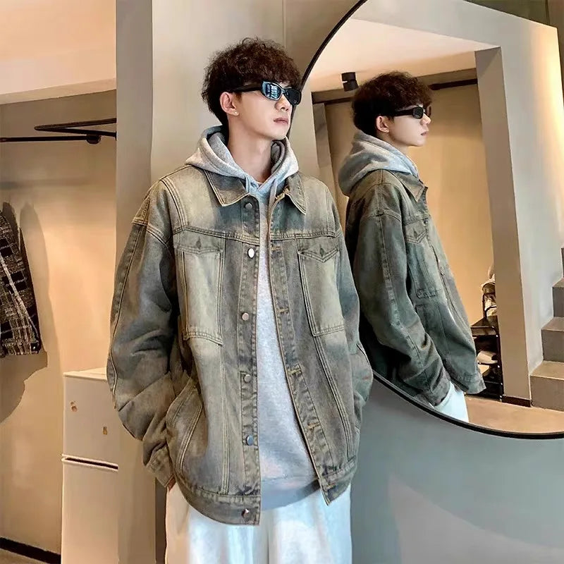 Tatiana Haven Men’s Ripped Patchwork Denim Jacket – Oversized Unisex Streetwear for Autumn & Winter