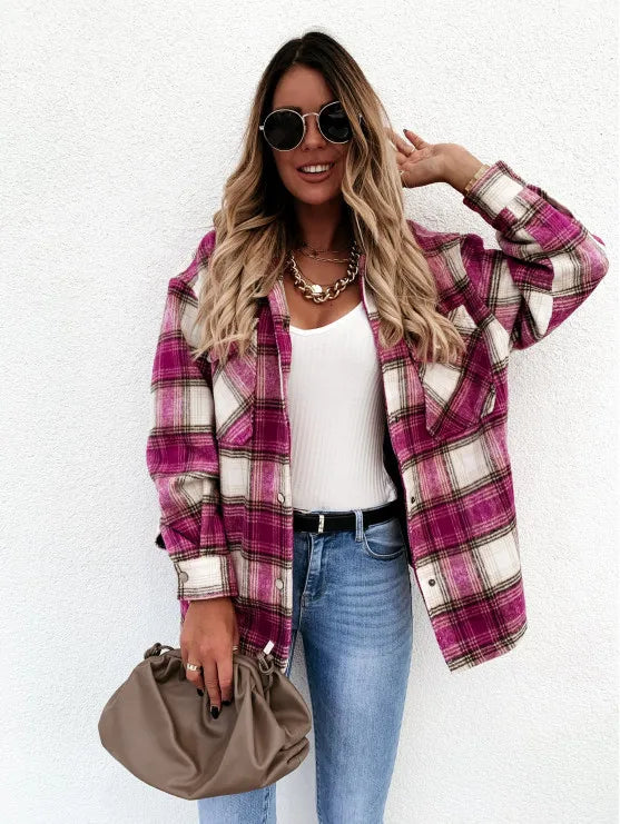 Women’s Retro Plaid Shacket – Oversized Flannel Shirt Jacket with Pockets for Autumn & Winter